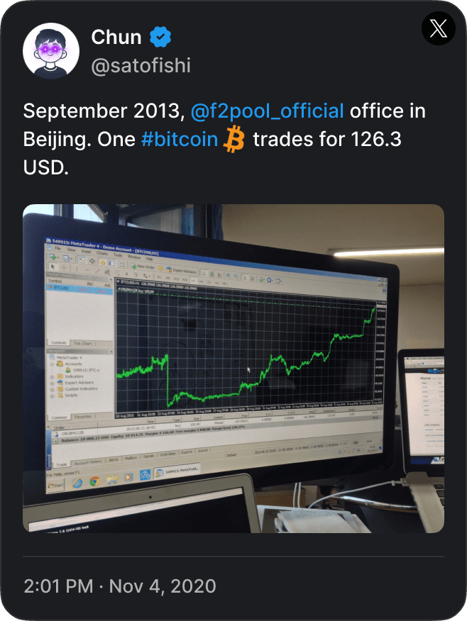 Twitter post from Chun watching Bitcoin price. Did you know f2pool mined over 1 million bitcoins?